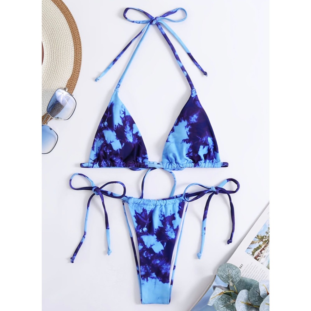 NEW Blue Tie Dye French Cut Thong Micro String Bikini Medium